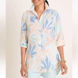 Chico’s floral multicolor floral linen button-up tunic top size 3/XL